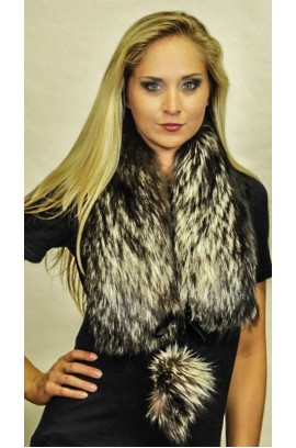 Silver fox fur scarf - With fox fur pom poms